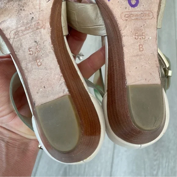 Coach Velvet Vachetta Low Wedge T-Strap Sandals in Gold & Cream Summer Resort - Picture 6 of 8